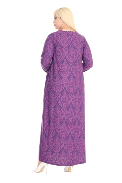 Melsay Butik Yumoş Kumaş Mor Dantel Desen Uzun Kollu Kadın Tesettür Elbise - 6