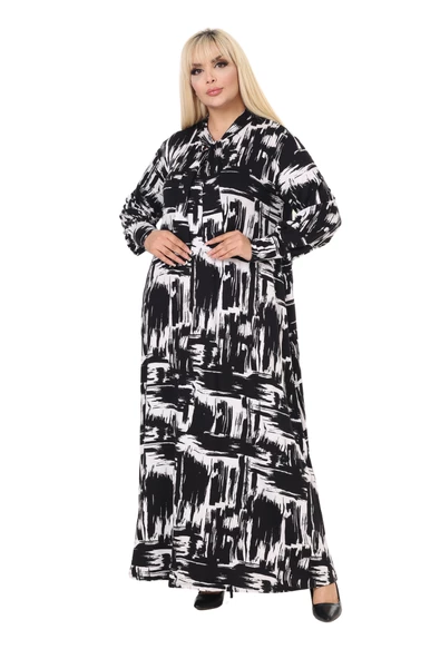 Melsay Butik Fularlı Beyaz Fırça Desen Uzun Kollu Büyük Beden Kadın Elbise - Resim 3