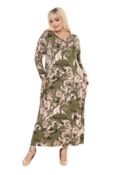 Melsay Butik Yeşil Batik Uzun Kollu Cepli Uzun Elbise - 3