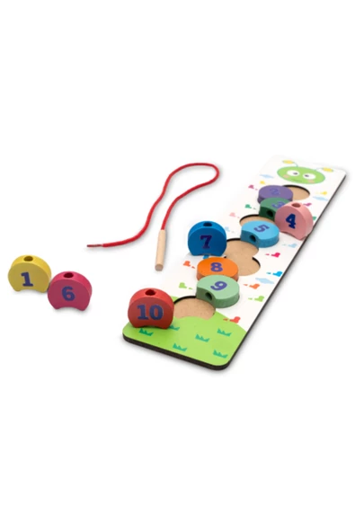 Montessori Ahşap Tırtıl İpe Dizme Oyunu / Renkli Sayılarla Eğitici ve Öğretici Oyuncak