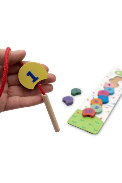 Montessori Ahşap Tırtıl İpe Dizme Oyunu / Renkli Sayılarla Eğitici ve Öğretici Oyuncak - 2