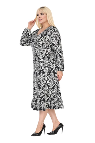 Melsay Butik Yumoş Kumaş Kruvaze Yaka Beyaz Dantel Desen Eteği Fırfırlı Midi Elbise - Resim 3