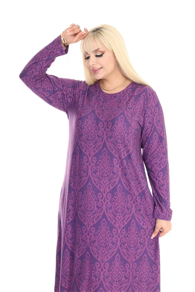 Melsay Butik Yumoş Kumaş Mor Dantel Desen Uzun Kollu Kadın Tesettür Elbise - 5