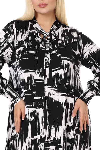 Melsay Butik Fularlı Beyaz Fırça Desen Uzun Kollu Büyük Beden Kadın Elbise - Resim 6