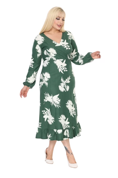 Melsay Butik Kışlık Yumoş Kumaş Kruvaze Yaka Yeşil Beyaz Yaprak Desen Eteği Fırfırlı Midi Elbise - Resim 4