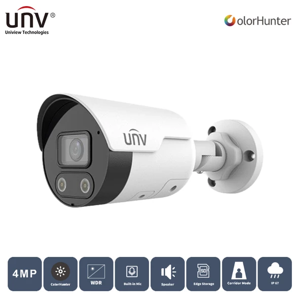 UNIVIEW  IPC2124LE-ADF28KMC-WL 4MP 2.8MM 50MT COLORHUNTER IP67 H265+ IR BULLET IP KAMERA Dahili Sesli ve Hoparlörlü