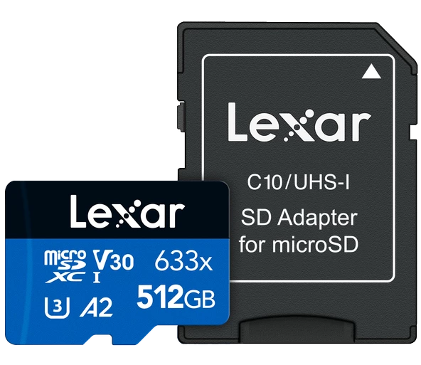 LEXAR 512GB LSDMI512BB633A MICROSD HIGH-PERFORMANCE 633X MICROSDXC UHS-I WITH SD ADAPTER UP TO 100MB/S READ 70MB/S WRITE C10 A2 V30 U3