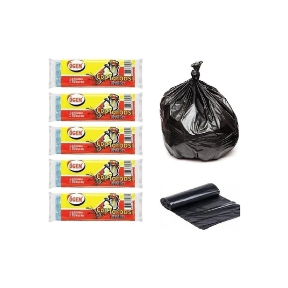 Ögem Büyük Boy Çöp Poşeti 65x80 Cm 50 Lt 10'lu Rulo 5 Paket Siyah