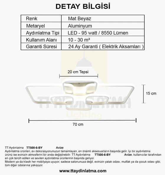 TT Aydınlatma TT500-6-BY  Mat Beyaz Plofonyer 6 lı Led Avize - Resim 4