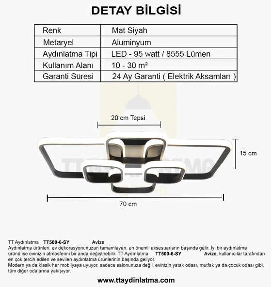 TT Aydınlatma TT500-6-SY  Mat Siyah Plofonyer 6 lı Led Avize - 4