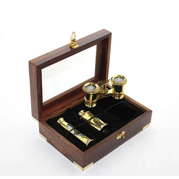 Ahşap Kutulu Pirinç Kumsaati Ve Dürbün Seti - Resim 2