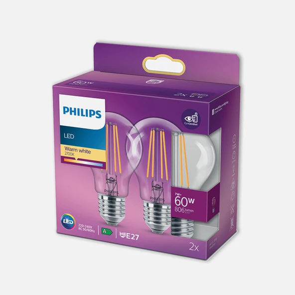 Philips Classic 60 W Beyaz Klasik E27 Duy 2'li Led Ampul