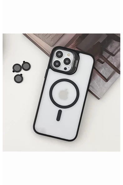 iphone 13 Pro Kılıf Magsafe   uyumlu Kamera Standlı +Lens koruyuculu Kapak - 8