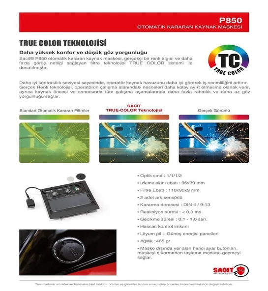 Sacit P850 Otomatik Kararan Kaynak Maskesi True Color Temiz Net Görüntü - 3