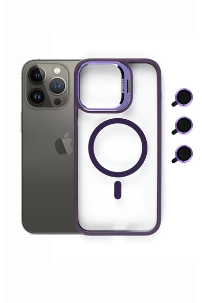 iphone 14 Pro Max Kılıf Magsafe uyumlu Kamera Standlı +Lens koruyuculu Kapak