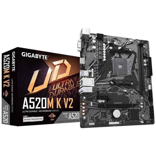 GIGABYTE A520M-K V2 DDR4 5100MHZ 1XVGA 1XHDMI 1XM.2 USB 3.2 MATX AM4(5000,5000-G,4000-G SERİ CPU UYM