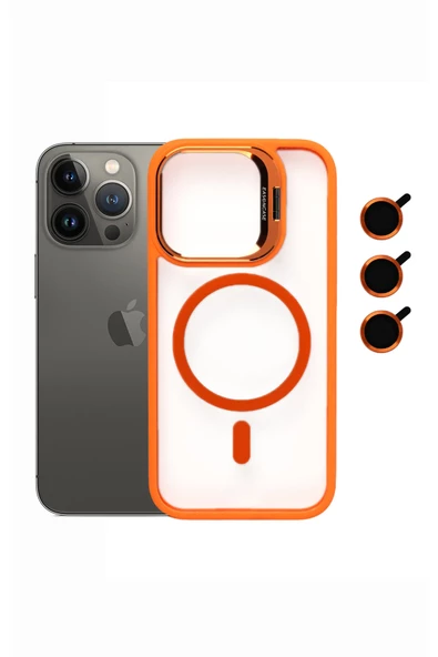 iphone 14 Pro Max Kılıf Magsafe uyumlu Kamera Standlı +Lens koruyuculu Kapak