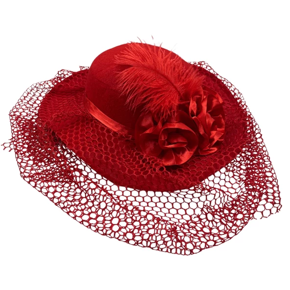 Çiçekli Tüylü Kadife Vualet Lüks Kırmızı Şapka - Resim 6