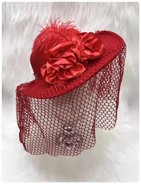 Çiçekli Tüylü Kadife Vualet Lüks Kırmızı Şapka ürün görseli 1