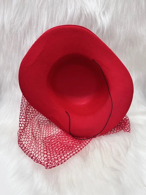 Çiçekli Tüylü Kadife Vualet Lüks Kırmızı Şapka - Resim 3