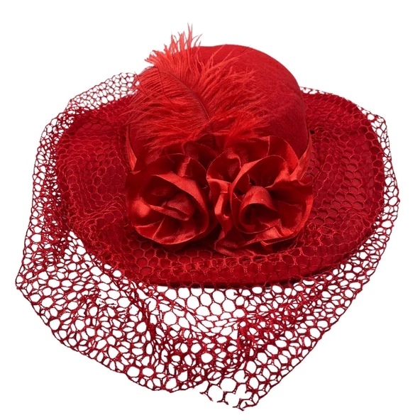 Çiçekli Tüylü Kadife Vualet Lüks Kırmızı Şapka - Resim 5