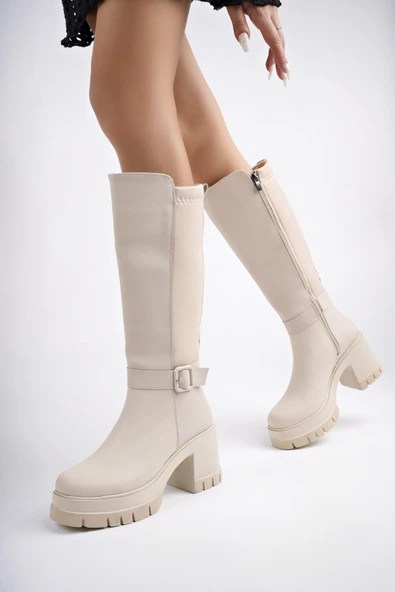 Muggo ARONGO Garantili Kemer Detaylı Fermuarlı Platform Topuklu Kadın Çizme - 12