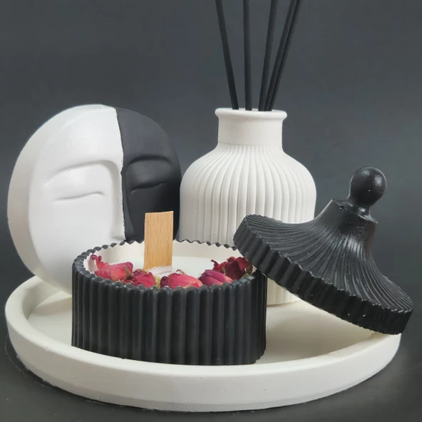 El Yapımı Siyah Beyaz Modern Mumluk ve Dekoratif Vazo Seti