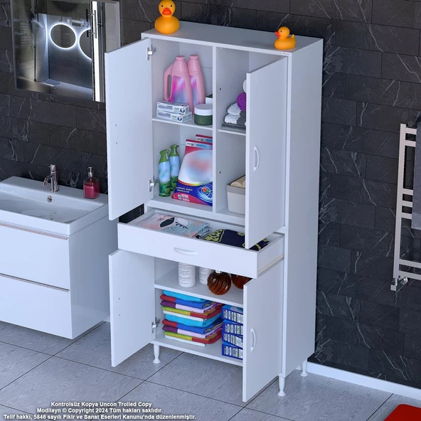 Modilayn YENİ AFRA 80x173x32,5 cm 1 Çekmece 4 Kapak 3 Raf 6 Bölme Çok Amaçlı Banyo & Mutfak Dolabı 