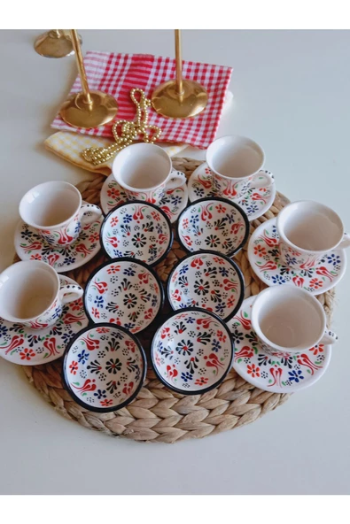 El Işlemeli Renkli Dantel 6 Kişilik Kahve Fincan Seti Ve 6lı Lokumluk Kase - 3