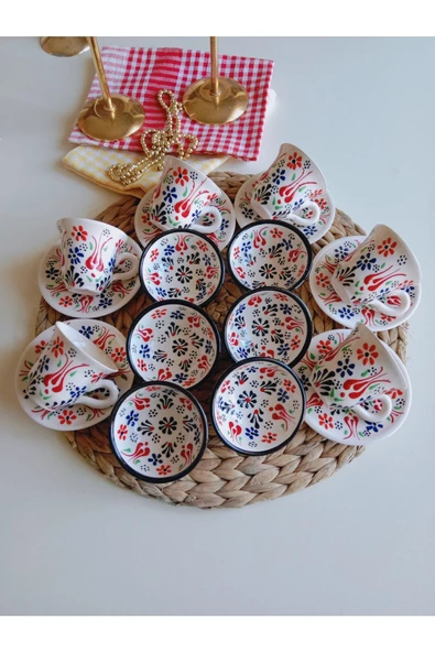 El Işlemeli Renkli Dantel 6 Kişilik Kahve Fincan Seti Ve 6lı Lokumluk Kase - 2