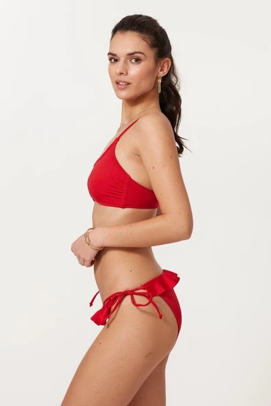 Askılı Straplez Fırfırlı Bikini Takım 217389 Nar Çiçeği - 6