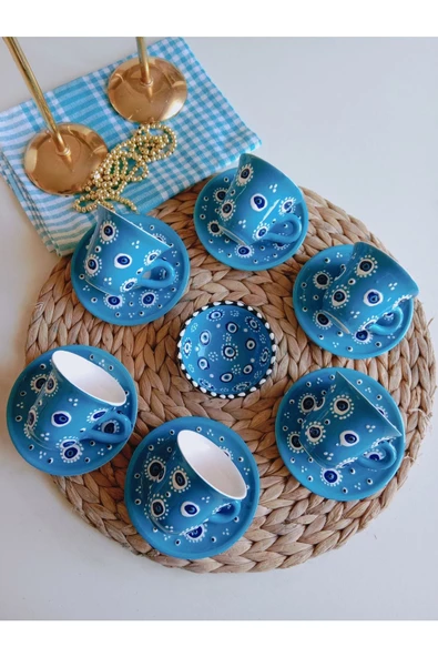 Nazar Boncuğu El işlemesi 6 Kişilik Kahve Fincan Seti Turkuaz - Resim 2