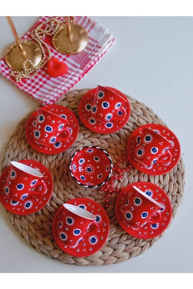 Nazar Boncuğu El işlemesi 6 Kişilik Kahve Fincan Seti Kırmızı - Resim 3