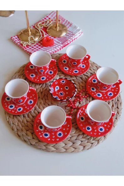 Nazar Boncuğu El işlemesi 6 Kişilik Kahve Fincan Seti Kırmızı - Resim 2