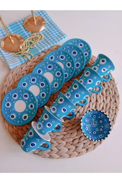 Nazar Boncuğu El işlemesi 6 Kişilik Kahve Fincan Seti Turkuaz - Resim 3