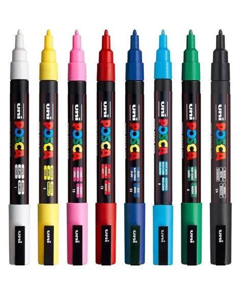 Uni Posca Su Bazlı Marker Seti 8li Ana Renkler 0.9 1.3mm PC3M - Resim 2
