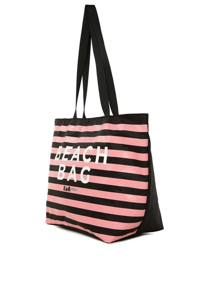 Bagmori Siyah Çizgili Beach Bag Baskılı Plaj Çantası - 2
