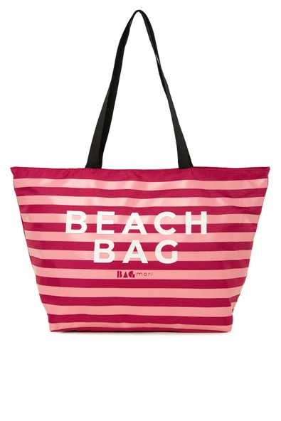 Bagmori Fuşya Çizgili Beach Bag Baskılı Plaj Çantası