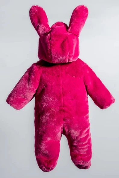 Tavşan Kulaklı Peluş %100 Pamuklu Fermuarlı Kapişon Patikli Kışlık Kız Bebek Astronot Tulum Kozmonot - 3