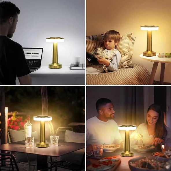 TechTic Oslo Modern Abajur Masa Lambası Şarjlı Dokunmatik 3 Renk Modlu Gold Dim Led - 3