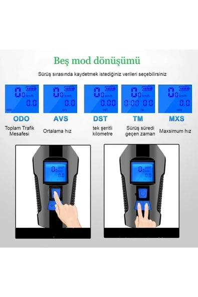 TechTic LCD Hız Göstergeli Su Geçirmez 1500Mah Kornalı Bisiklet Feneri Scooter Ön Far Lamba Işık - 6