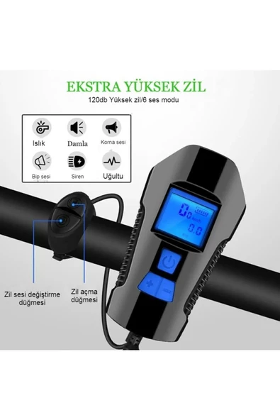 TechTic LCD Hız Göstergeli Su Geçirmez 1500Mah Kornalı Bisiklet Feneri Scooter Ön Far Lamba Işık - 8