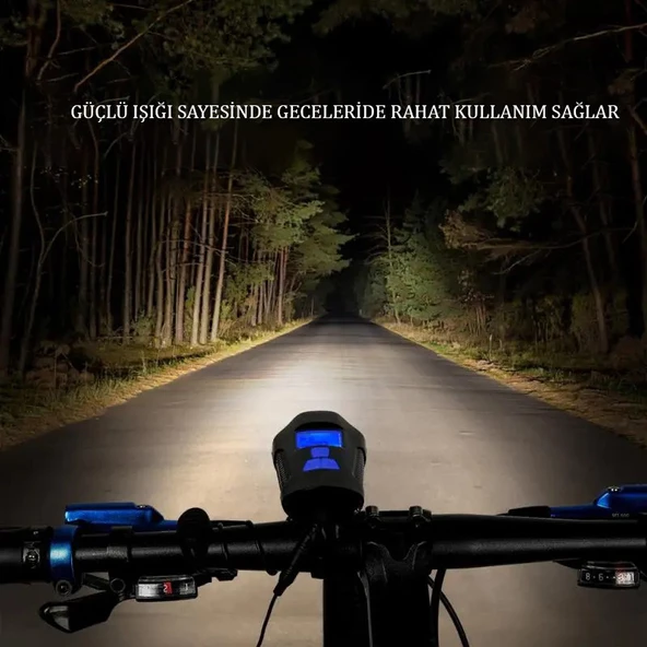 TechTic LCD Hız Göstergeli Su Geçirmez 1500Mah Kornalı Bisiklet Feneri Scooter Ön Far Lamba Işık - 2