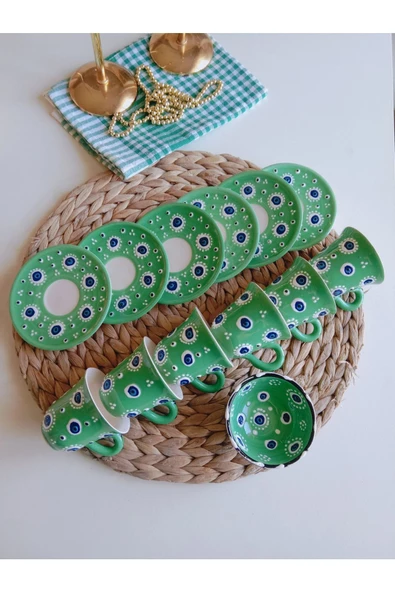 Nazar Boncuğu El işlemesi 6 Kişilik Kahve Fincan Seti Yeşil - Resim 4