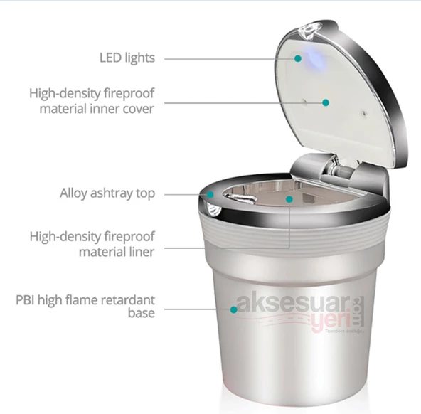 Gümüş Renk Araç İçi Küllük Kapaklı ve Işıklı - 3