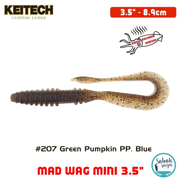 Keitech Mad Wag Mini 8.9cm (3.5") #207 Green Pumpkin PP. Blue Kokulu Silikon Kurt
