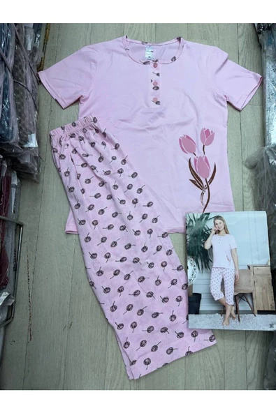 Lale ve Gül desen Pembe kapri pijama takımı - Resim 2