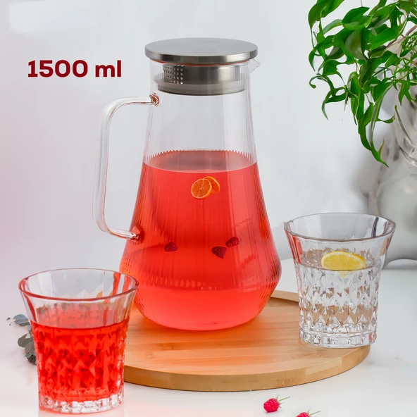 Porsima 15317 Borosilikat Cam Sürahi Metal Kapaklı Cam Karaf - Detoks Sürahi 1500 ML