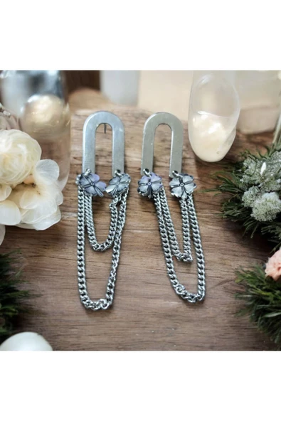 2'Lİ YONCA MODEL ZİNCİRLİ KADIN KÜPE GÜMÜŞ RENK 5CM