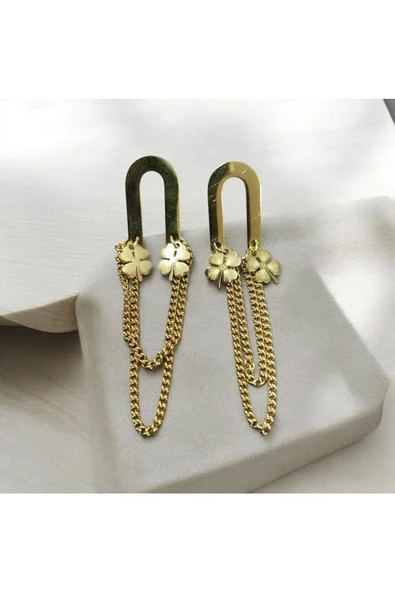 2'Lİ YONCA MODEL ZİNCİRLİ KADIN KÜPE GOLD 5CM - 2